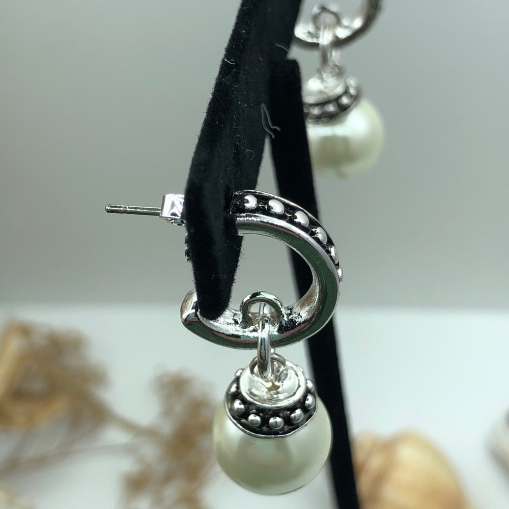 Silver Beaded Oval faux Pearl Drop Earrings